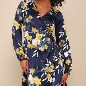 Lulus Love Is Life Navy Blue Floral Print Satin Wrap Dress - Size XXS